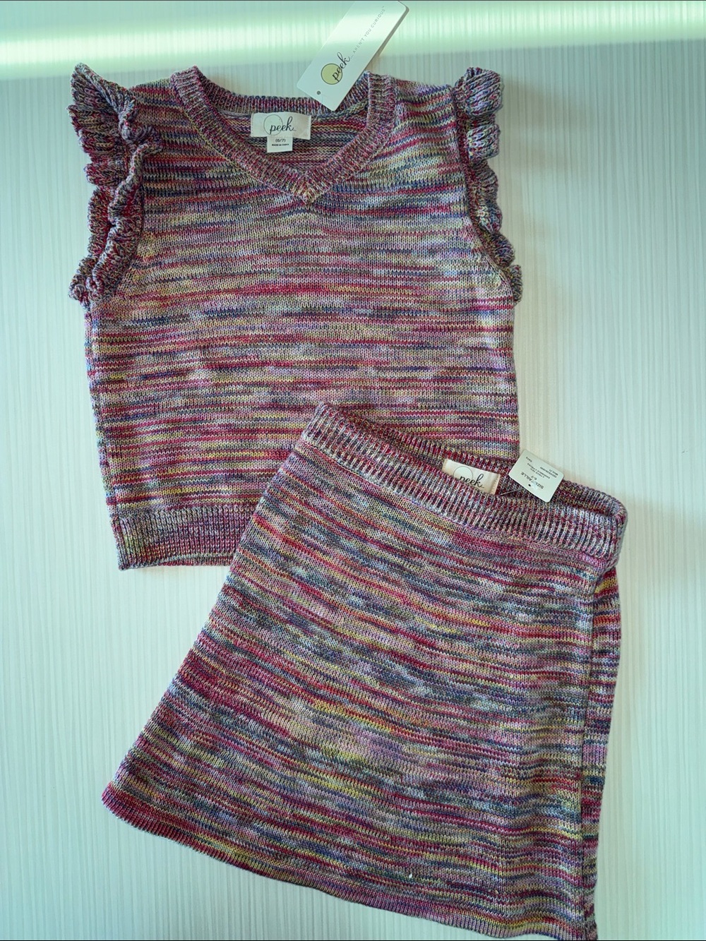 Peek Pink Multi Knit Ruffle Sleeve Top & Skirt Set